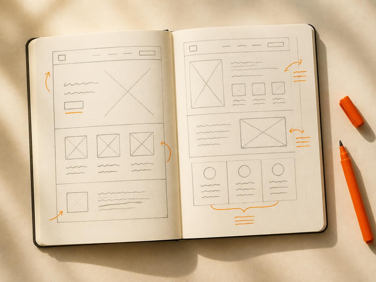 open schetsboek met wireframe-schetsen van een website